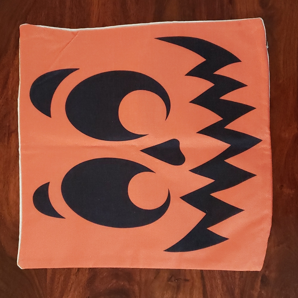 Halloween Pillow Cover • Jack O’Lantern Pumpkin Face Orange Black • 18x18 - Picture 3 of 7